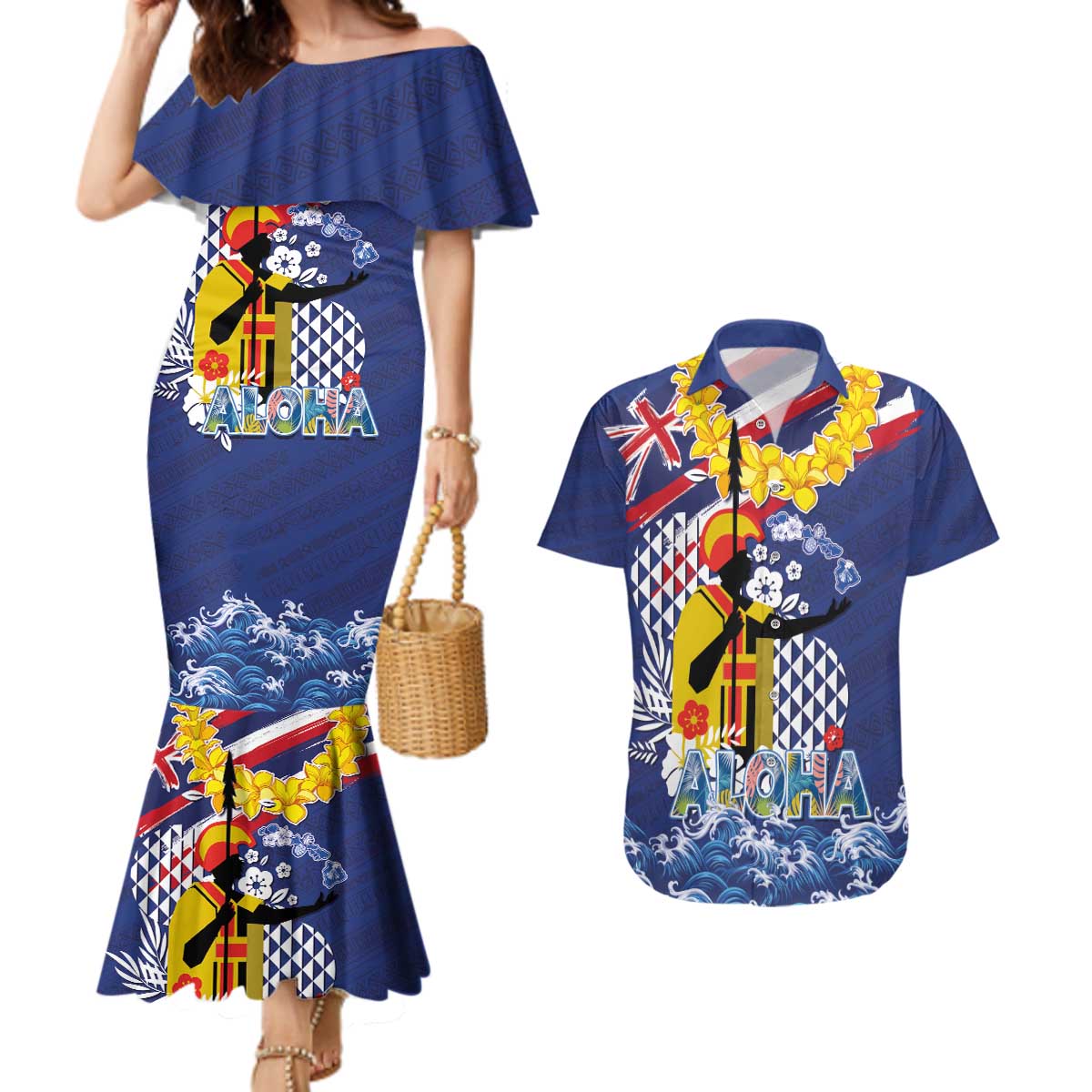 Hawaii King Kamehameha Day Couples Matching Mermaid Dress and Hawaiian Shirt Lei Sea Waves Polynesian Tapa Pattern