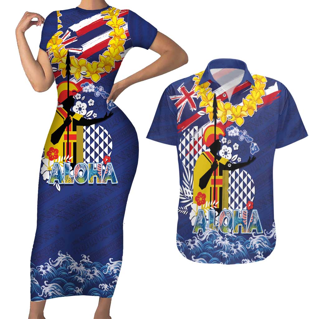 Hawaii King Kamehameha Day Couples Matching Short Sleeve Bodycon Dress and Hawaiian Shirt Lei Sea Waves Polynesian Tapa Pattern