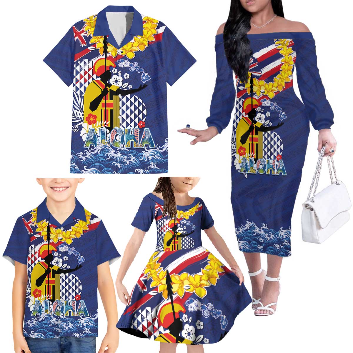 Hawaii King Kamehameha Day Family Matching Off The Shoulder Long Sleeve Dress and Hawaiian Shirt Lei Sea Waves Polynesian Tapa Pattern
