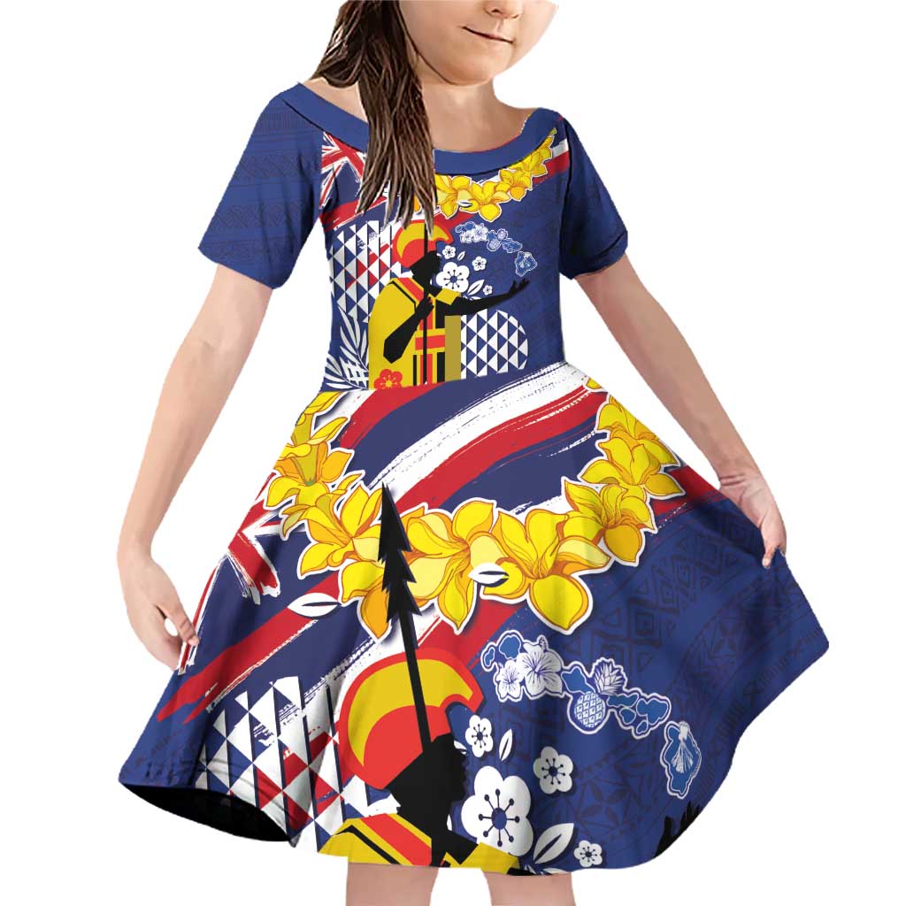 Hawaii King Kamehameha Day Family Matching Off Shoulder Short Dress and Hawaiian Shirt Lei Sea Waves Polynesian Tapa Pattern