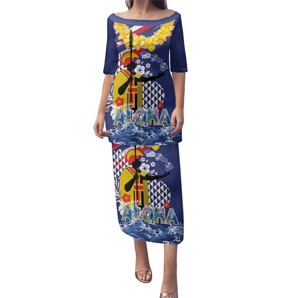 Hawaii King Kamehameha Day Family Matching Puletasi and Hawaiian Shirt Lei Sea Waves Polynesian Tapa Pattern