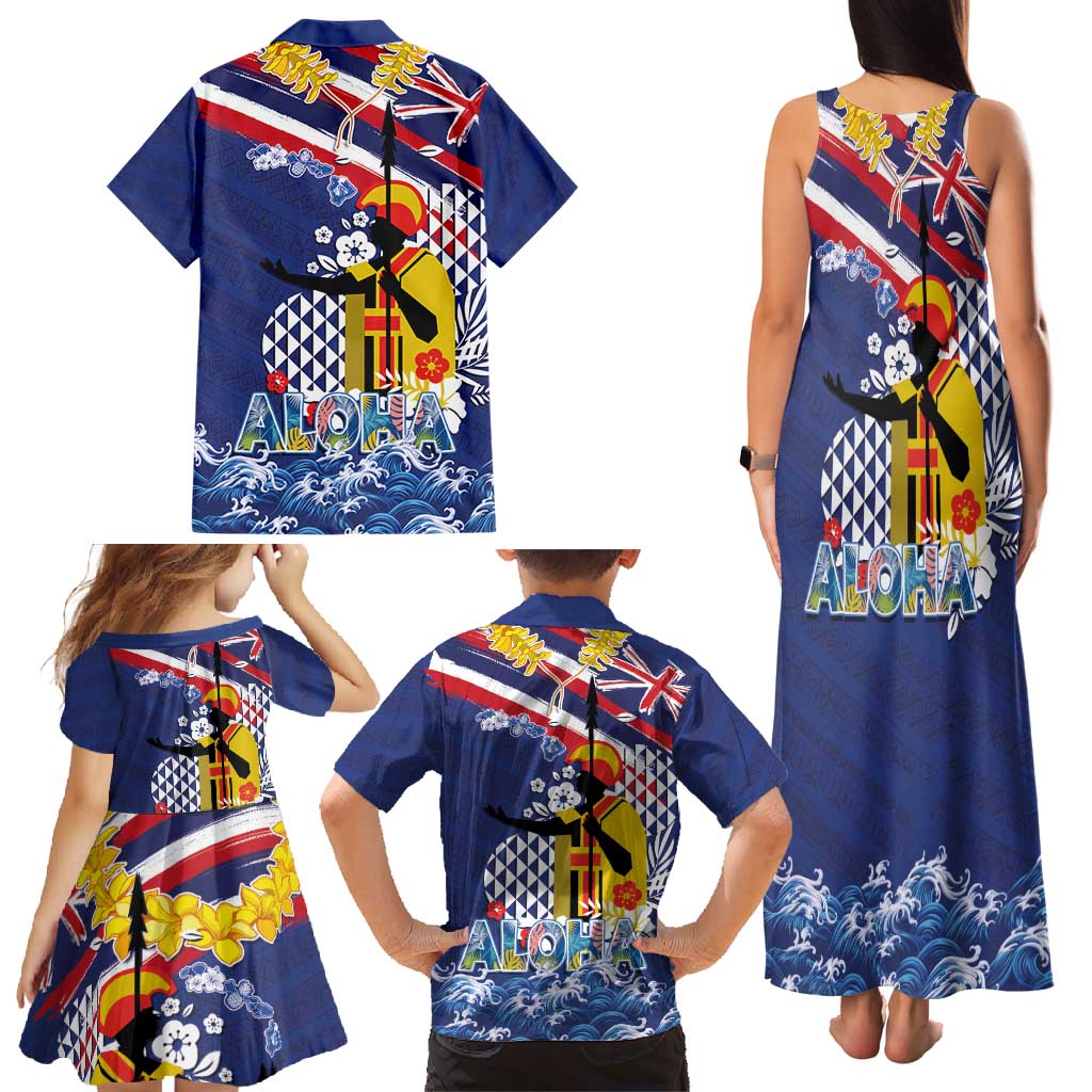 Hawaii King Kamehameha Day Family Matching Tank Maxi Dress and Hawaiian Shirt Lei Sea Waves Polynesian Tapa Pattern