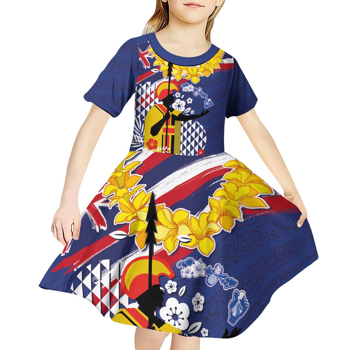 Hawaii King Kamehameha Day Kid Short Sleeve Dress Lei Sea Waves Polynesian Tapa Pattern