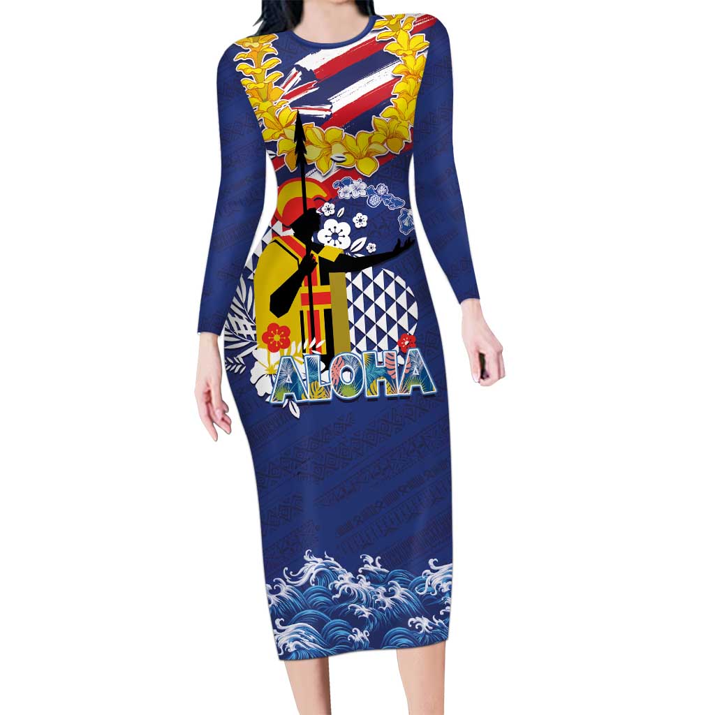Hawaii King Kamehameha Day Long Sleeve Bodycon Dress Lei Sea Waves Polynesian Tapa Pattern