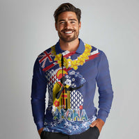 Hawaii King Kamehameha Day Long Sleeve Polo Shirt Lei Sea Waves Polynesian Tapa Pattern