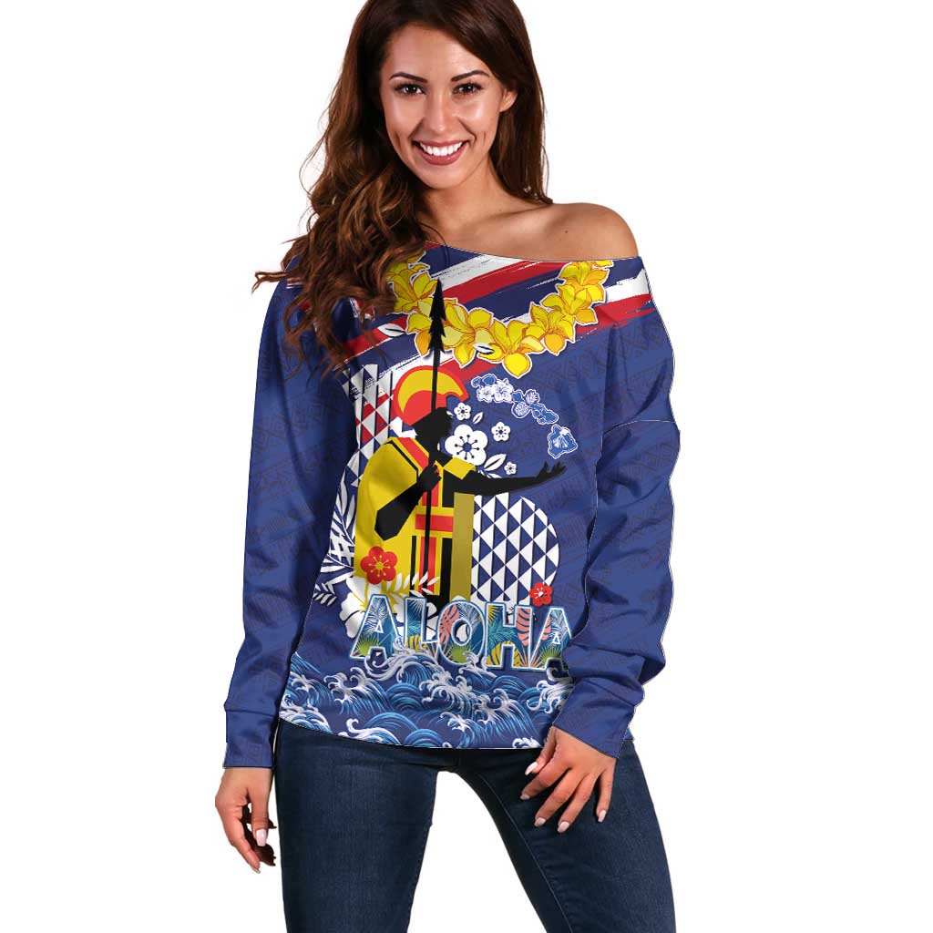 Hawaii King Kamehameha Day Off Shoulder Sweater Lei Sea Waves Polynesian Tapa Pattern