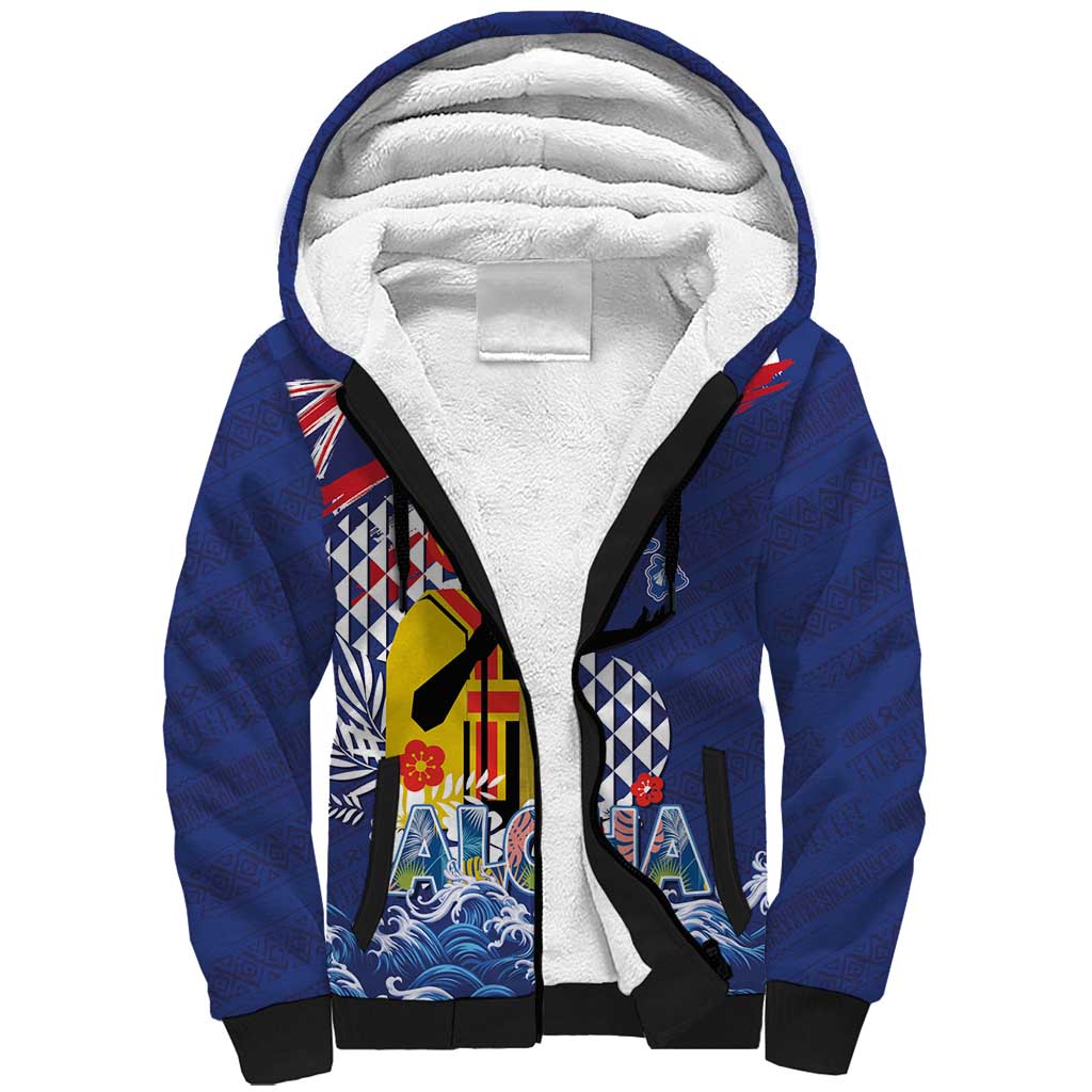 Hawaii King Kamehameha Day Sherpa Hoodie Lei Sea Waves Polynesian Tapa Pattern