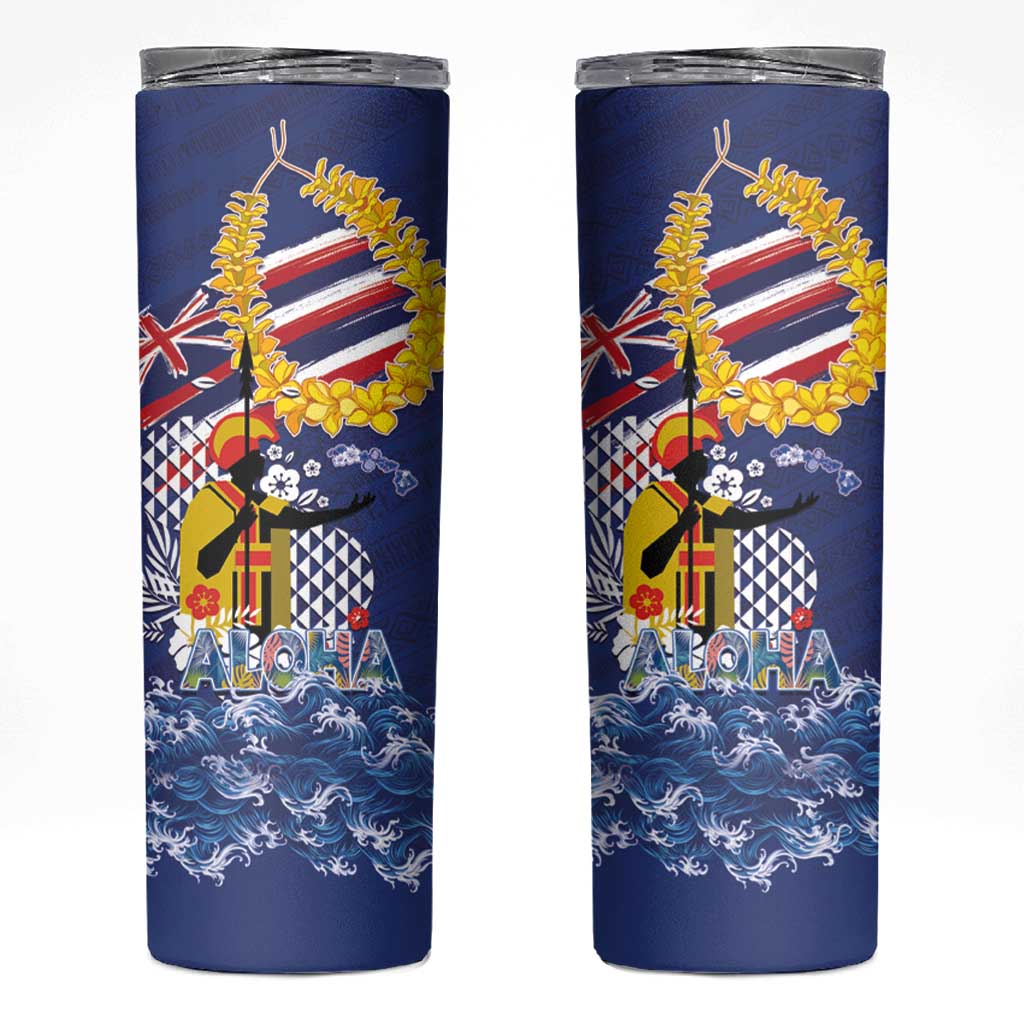 Hawaii King Kamehameha Day Skinny Tumbler Lei Sea Waves Polynesian Tapa Pattern