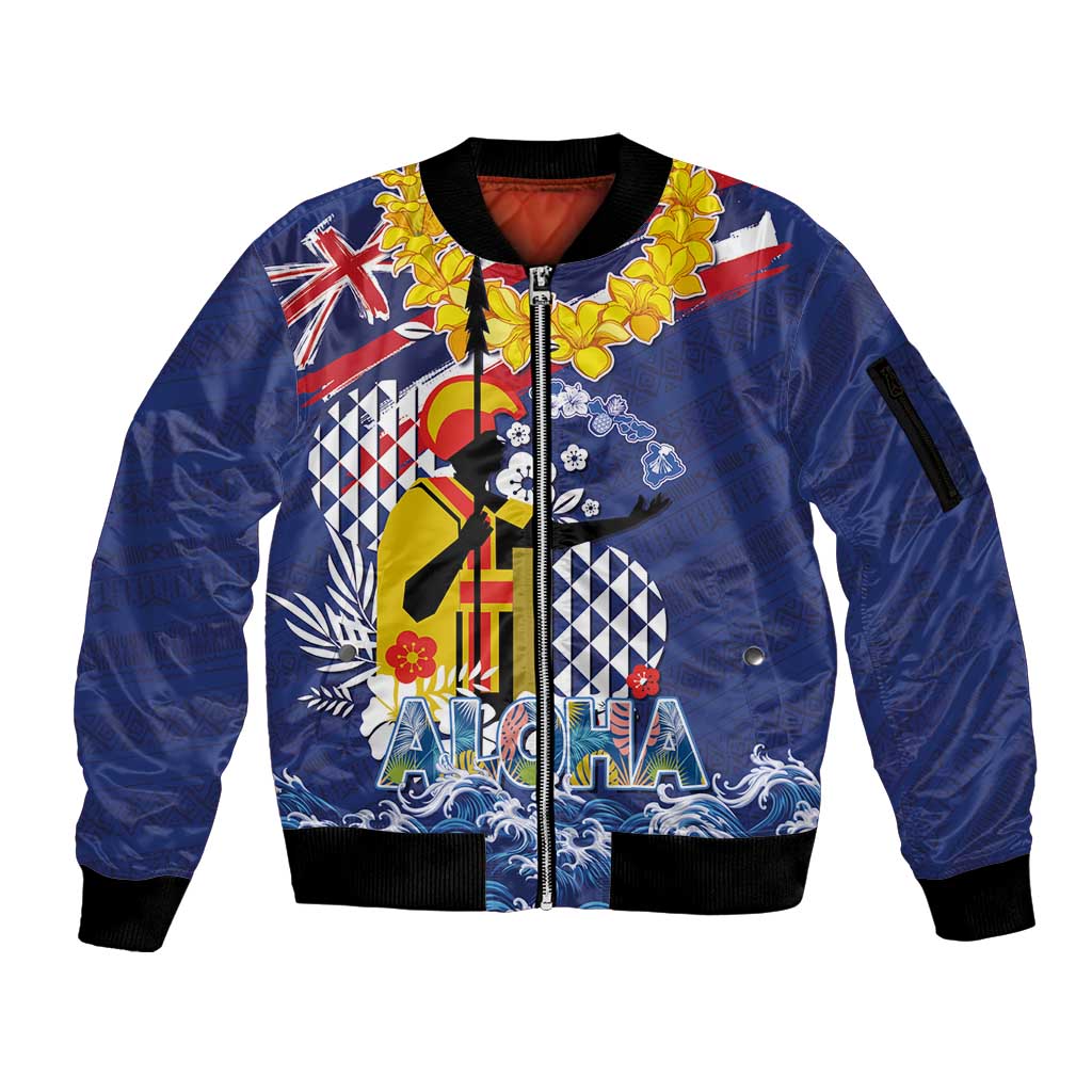 Hawaii King Kamehameha Day Sleeve Zip Bomber Jacket Lei Sea Waves Polynesian Tapa Pattern