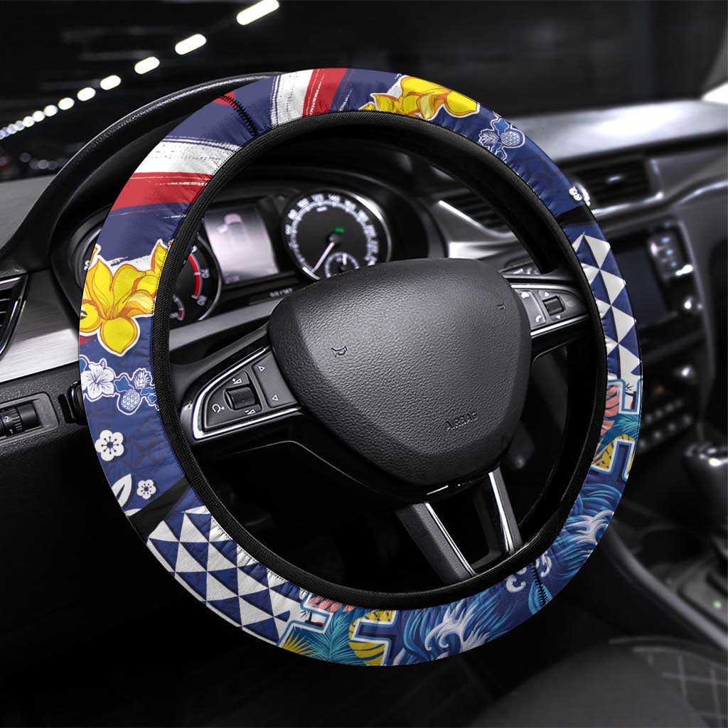 Hawaii King Kamehameha Day Steering Wheel Cover Lei Sea Waves Polynesian Tapa Pattern