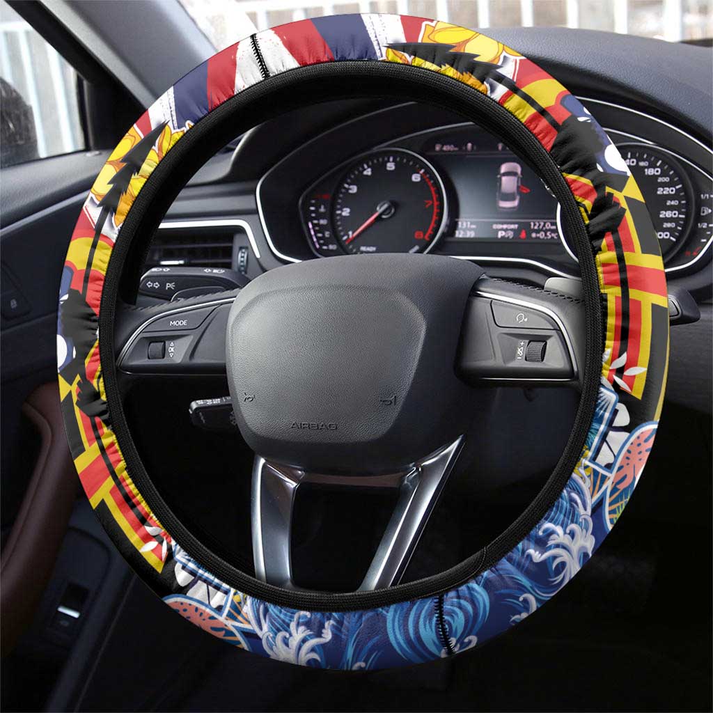 Hawaii King Kamehameha Day Steering Wheel Cover Lei Sea Waves Polynesian Tapa Pattern