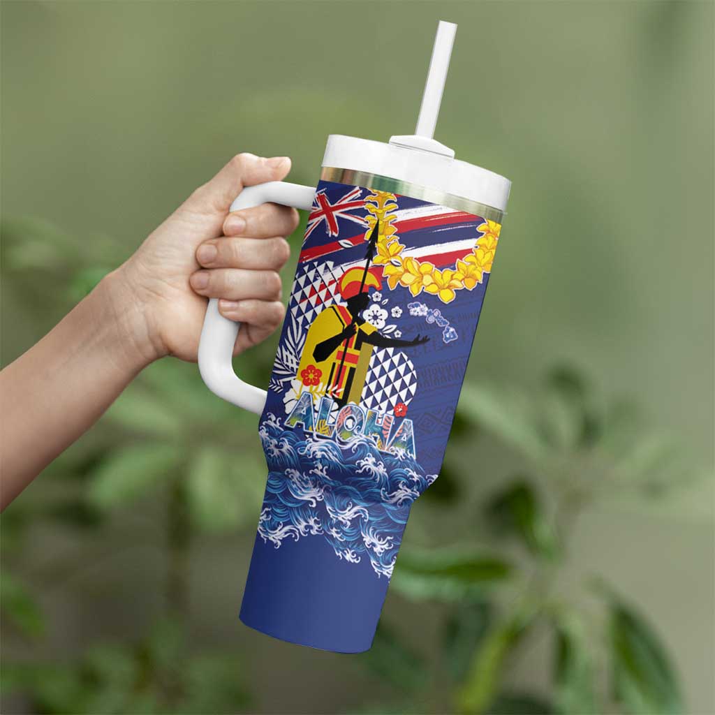 Hawaii King Kamehameha Day Tumbler With Handle Lei Sea Waves Polynesian Tapa Pattern