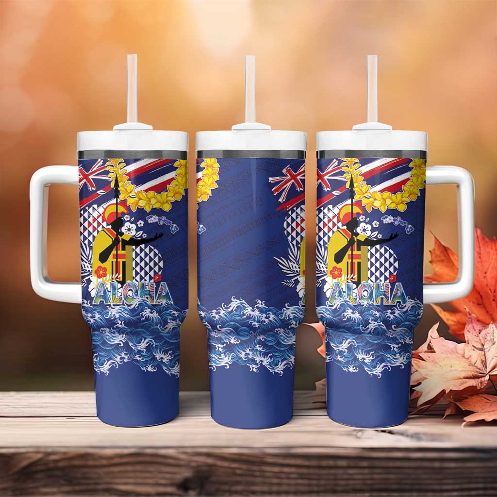 Hawaii King Kamehameha Day Tumbler With Handle Lei Sea Waves Polynesian Tapa Pattern