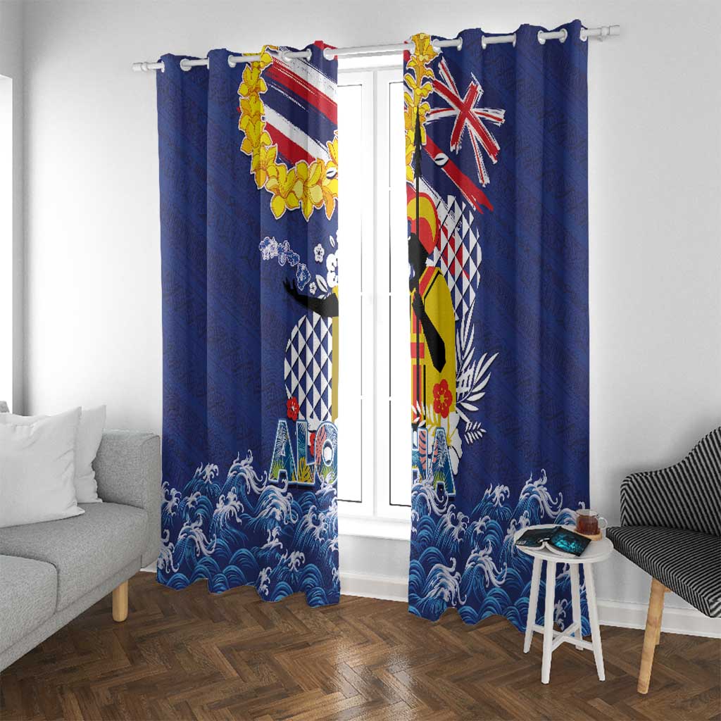Hawaii King Kamehameha Day Window Curtain Lei Sea Waves Polynesian Tapa Pattern
