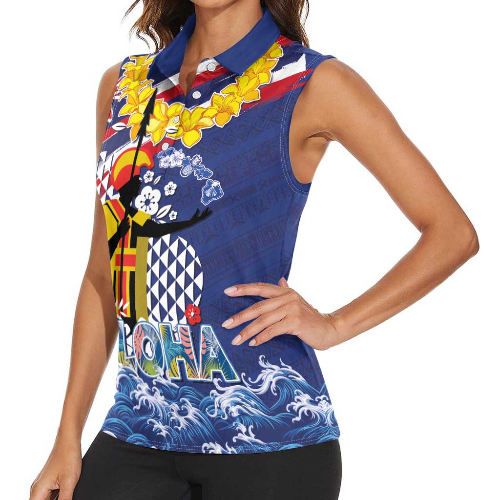 Hawaii King Kamehameha Day Women Sleeveless Polo Shirt Lei Sea Waves Polynesian Tapa Pattern