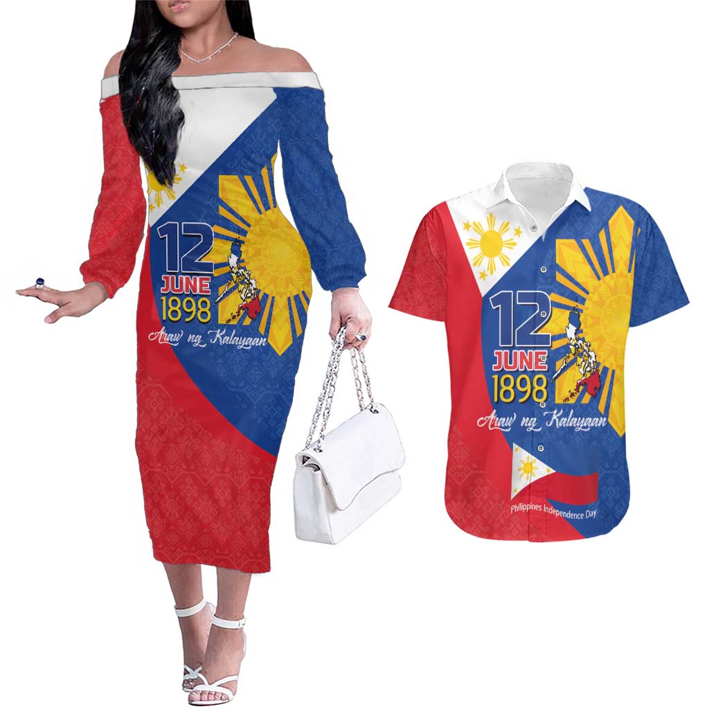 Philippines Independence Day Couples Matching Off The Shoulder Long Sleeve Dress and Hawaiian Shirt Araw ng Kalayaan Polynesian Sun and YAKAN Pattern