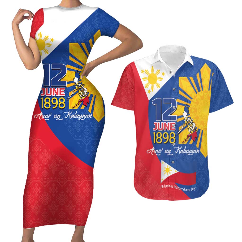 Philippines Independence Day Couples Matching Short Sleeve Bodycon Dress and Hawaiian Shirt Araw ng Kalayaan Polynesian Sun and YAKAN Pattern