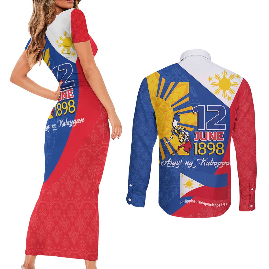 Philippines Independence Day Couples Matching Short Sleeve Bodycon Dress and Long Sleeve Button Shirt Araw ng Kalayaan Polynesian Sun and YAKAN Pattern