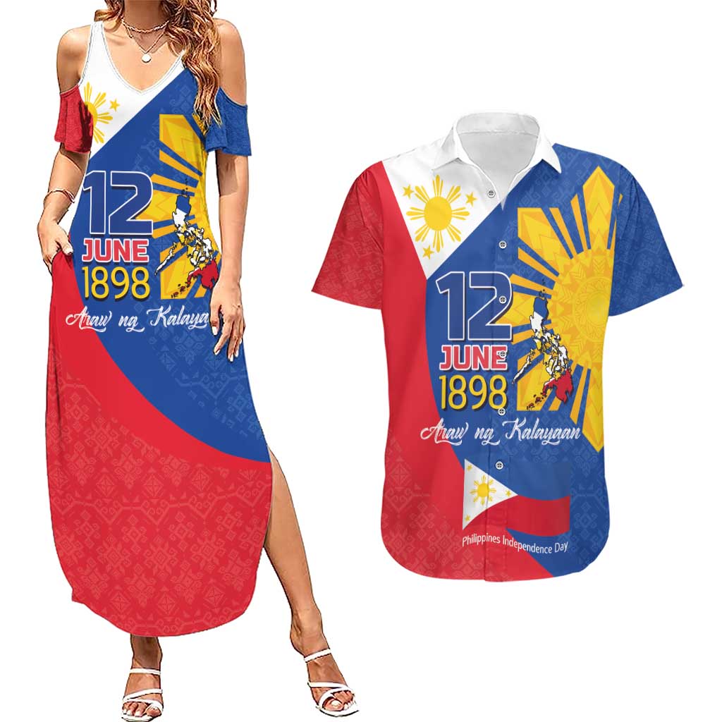Philippines Independence Day Couples Matching Summer Maxi Dress and Hawaiian Shirt Araw ng Kalayaan Polynesian Sun and YAKAN Pattern
