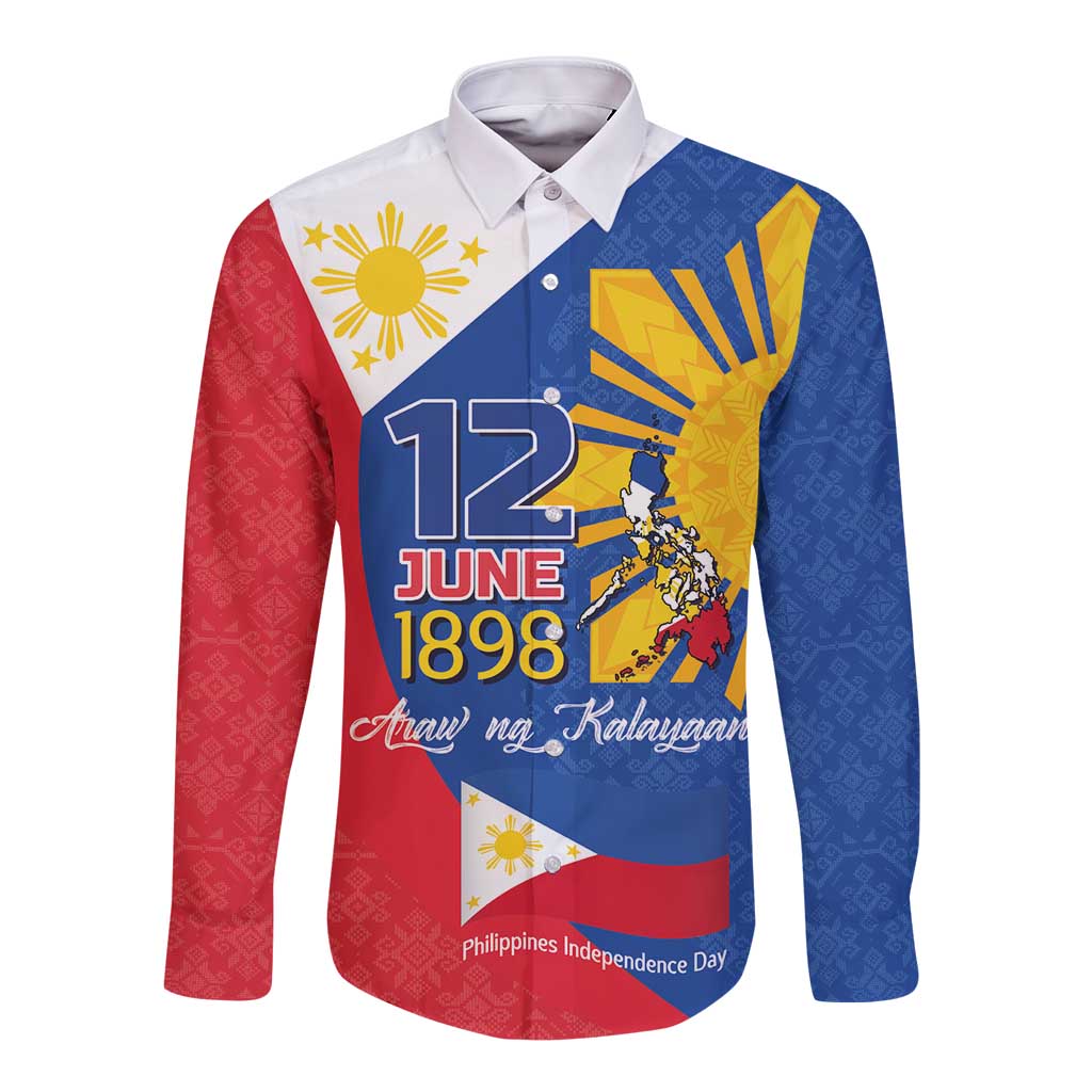 Philippines Independence Day Long Sleeve Button Shirt Araw ng Kalayaan Polynesian Sun and YAKAN Pattern
