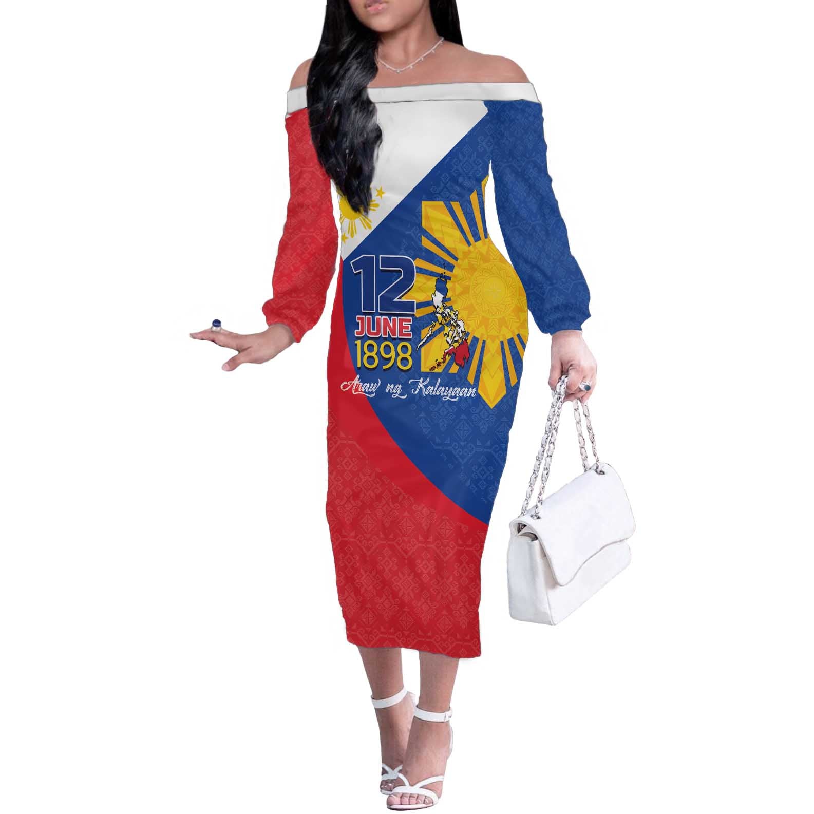 Philippines Independence Day Off The Shoulder Long Sleeve Dress Araw ng Kalayaan Polynesian Sun and YAKAN Pattern