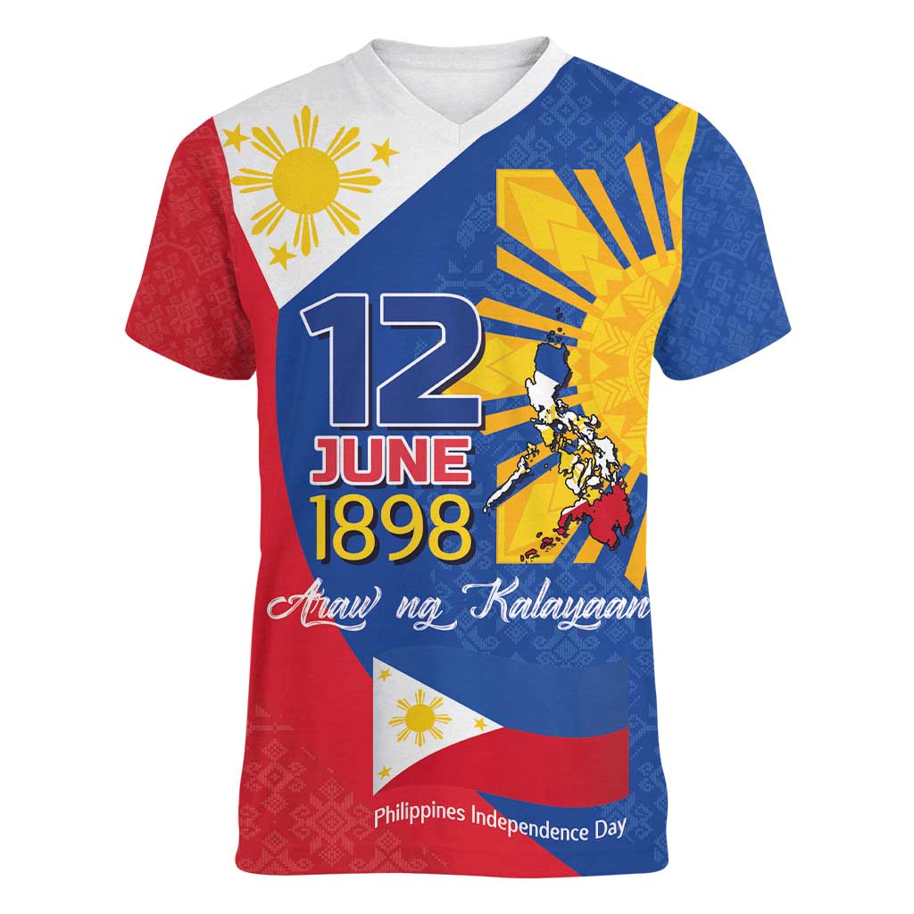 Philippines Independence Day Women V-Neck T-Shirt Araw ng Kalayaan Polynesian Sun and YAKAN Pattern