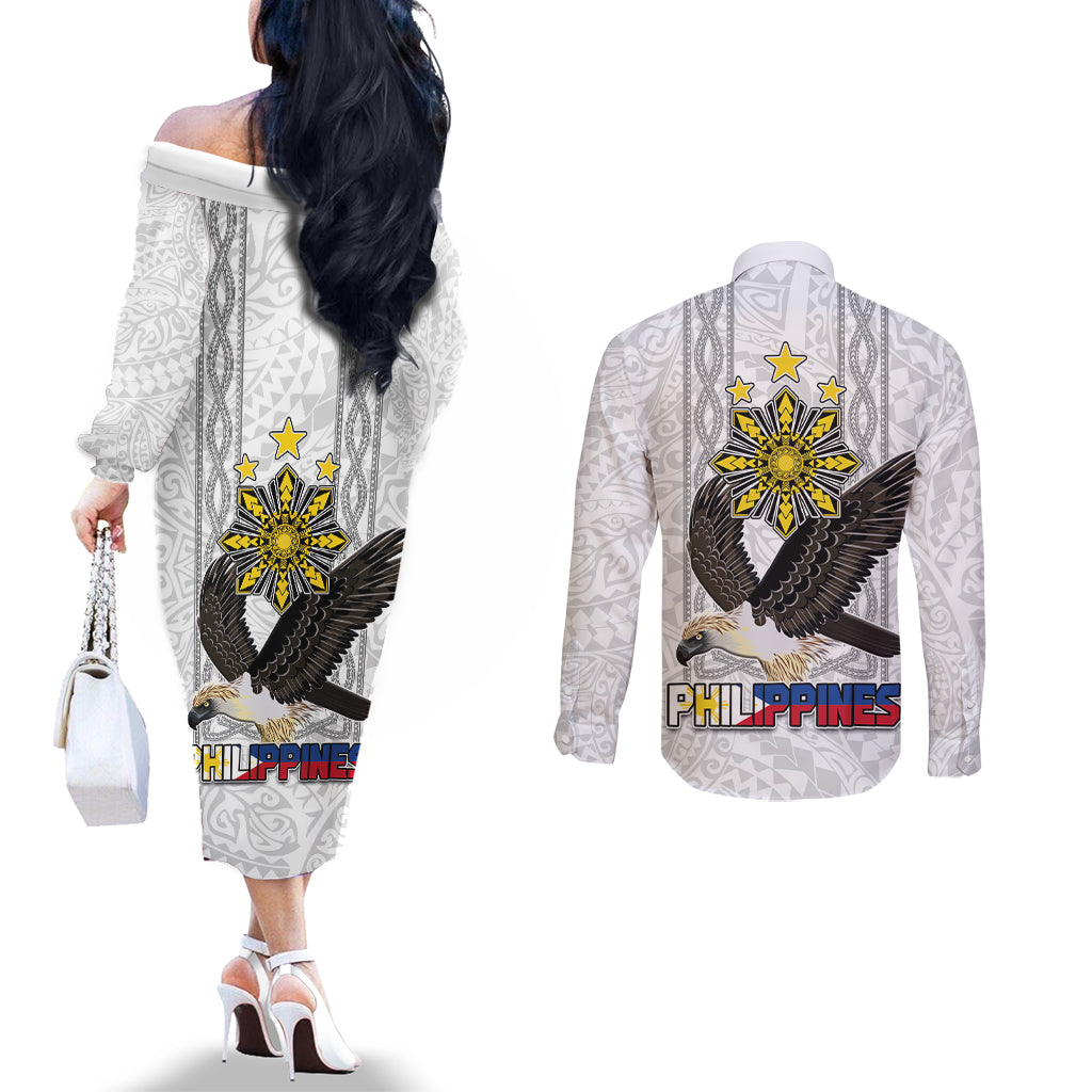 Philippines Eagle Week Couples Matching Off The Shoulder Long Sleeve Dress and Long Sleeve Button Shirt Polynesian Pattern Barong Style LT03 - Polynesian Pride