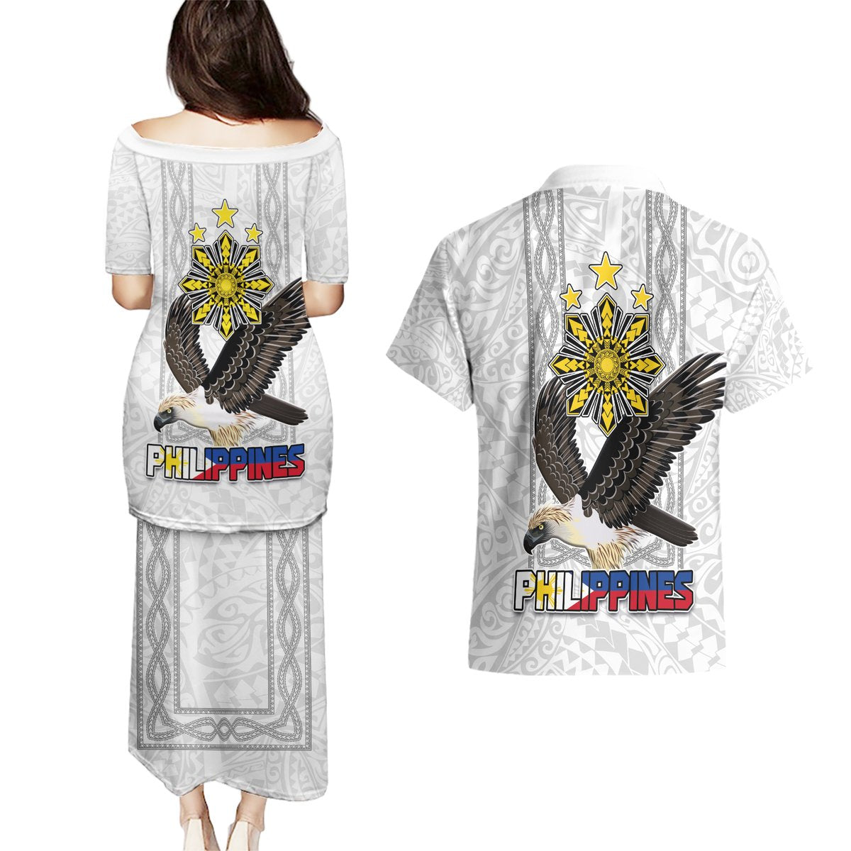 Philippines Eagle Week Couples Matching Puletasi and Hawaiian Shirt Polynesian Pattern Barong Style LT03 - Polynesian Pride