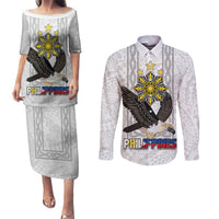 Philippines Eagle Week Couples Matching Puletasi and Long Sleeve Button Shirt Polynesian Pattern Barong Style LT03 White - Polynesian Pride