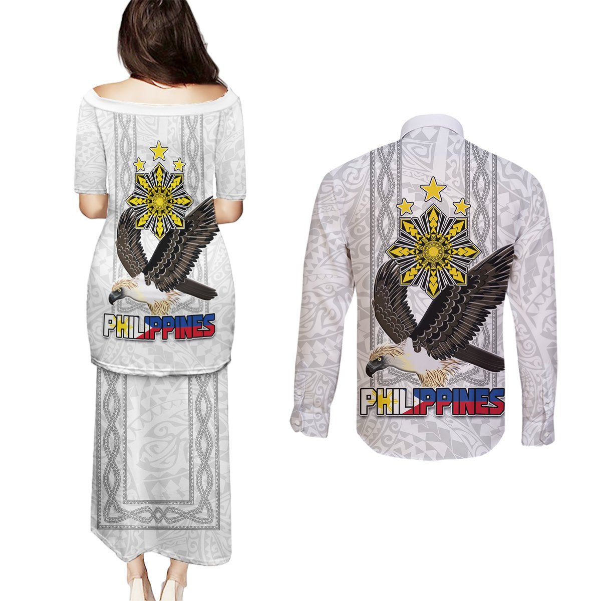 Philippines Eagle Week Couples Matching Puletasi and Long Sleeve Button Shirt Polynesian Pattern Barong Style LT03 - Polynesian Pride