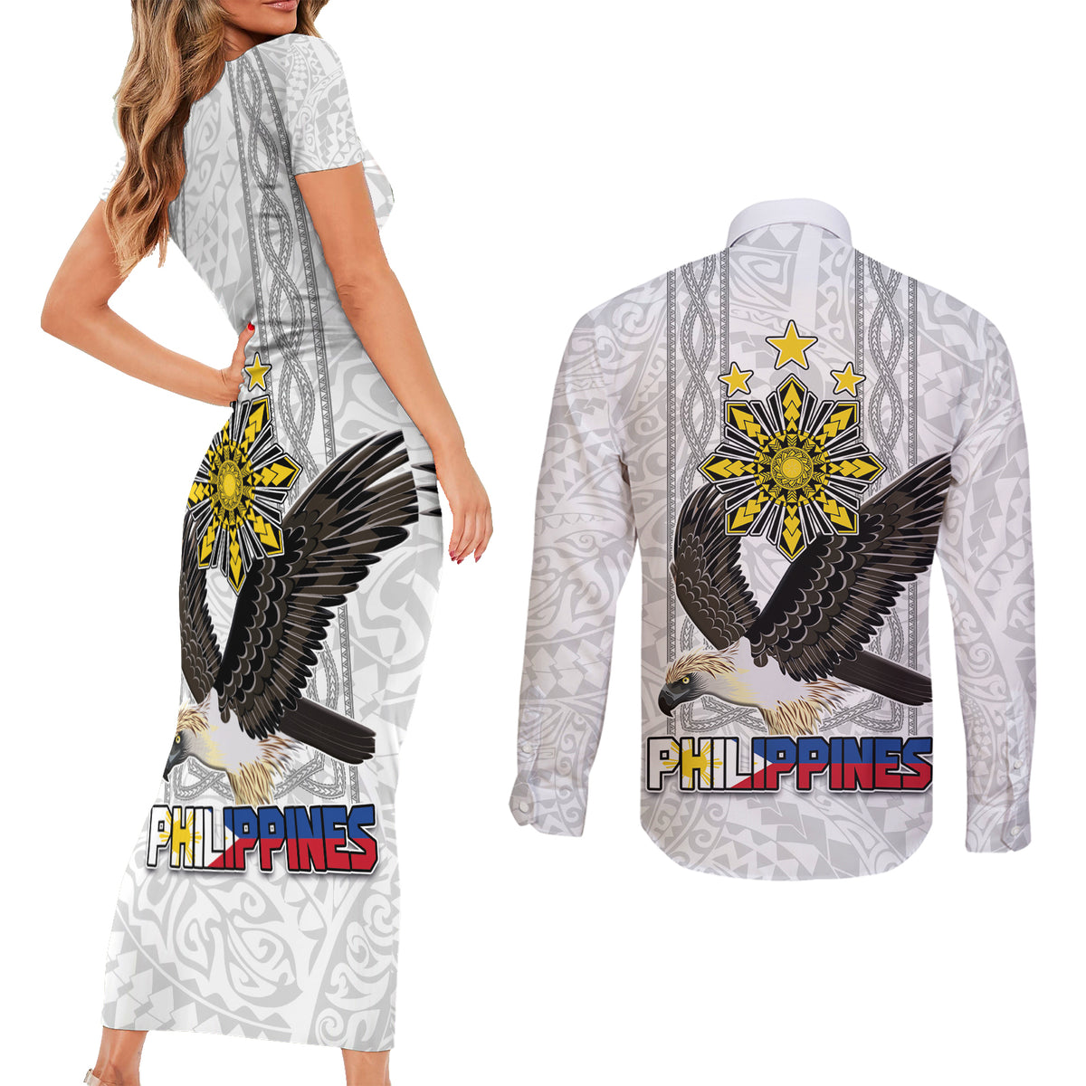 Philippines Eagle Week Couples Matching Short Sleeve Bodycon Dress and Long Sleeve Button Shirt Polynesian Pattern Barong Style LT03 - Polynesian Pride