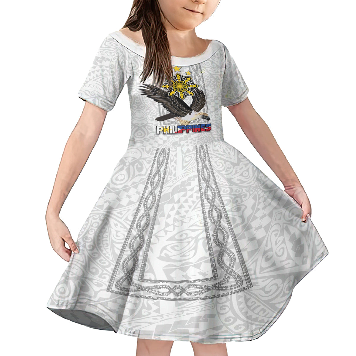 Philippines Eagle Week Family Matching Off Shoulder Short Dress and Hawaiian Shirt Polynesian Pattern Barong Style LT03 Daughter's Dress White - Polynesian Pride