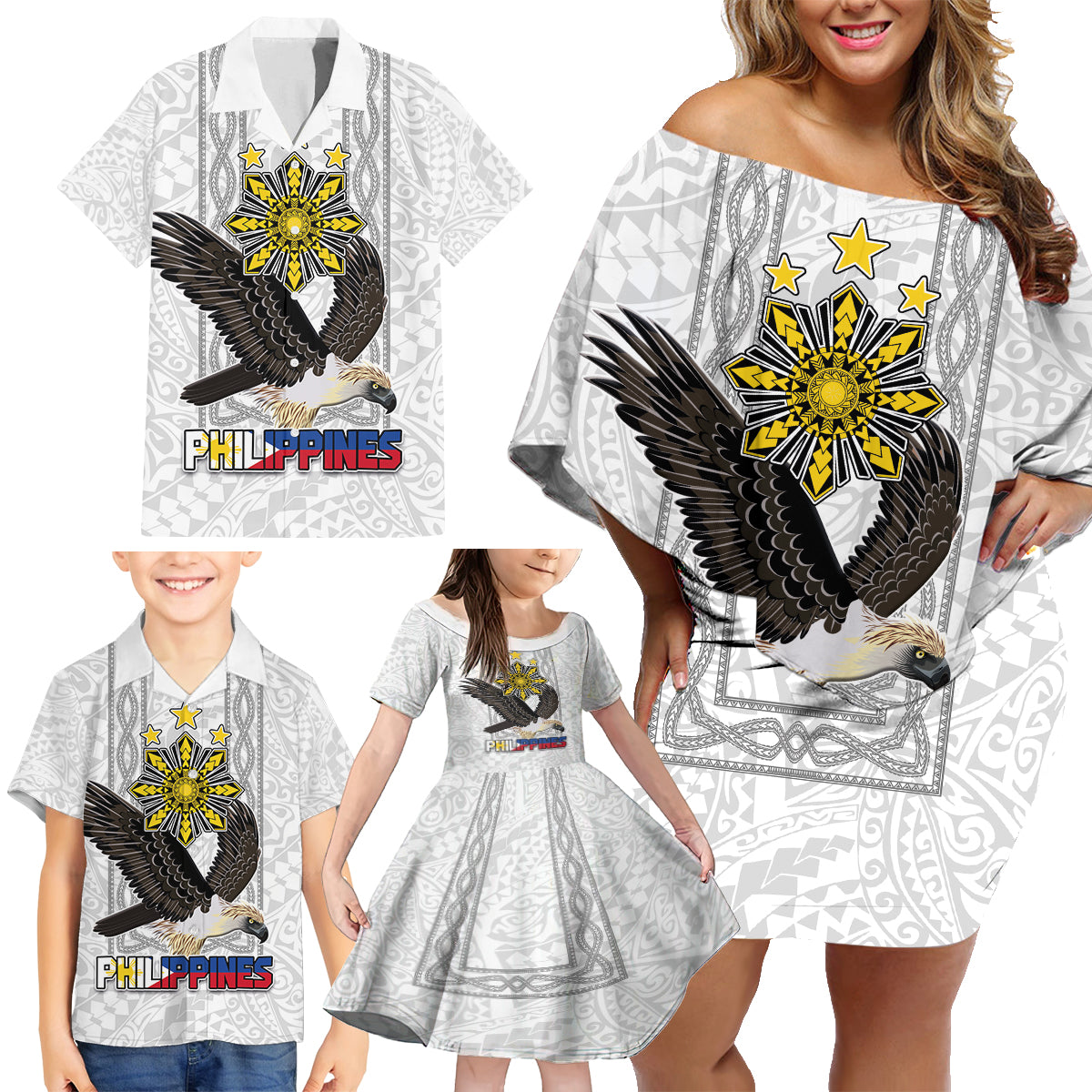 Philippines Eagle Week Family Matching Off Shoulder Short Dress and Hawaiian Shirt Polynesian Pattern Barong Style LT03 - Polynesian Pride
