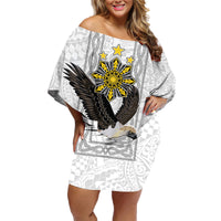 Philippines Eagle Week Family Matching Off Shoulder Short Dress and Hawaiian Shirt Polynesian Pattern Barong Style LT03 Mom's Dress White - Polynesian Pride
