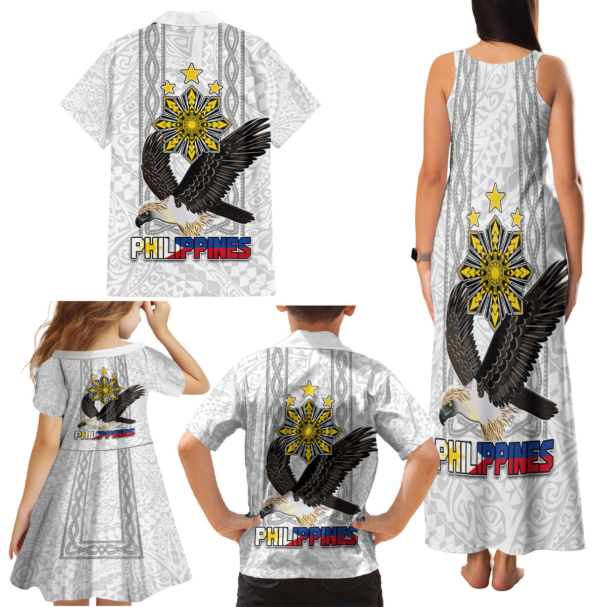 Philippines Eagle Week Family Matching Tank Maxi Dress and Hawaiian Shirt Polynesian Pattern Barong Style LT03 - Polynesian Pride