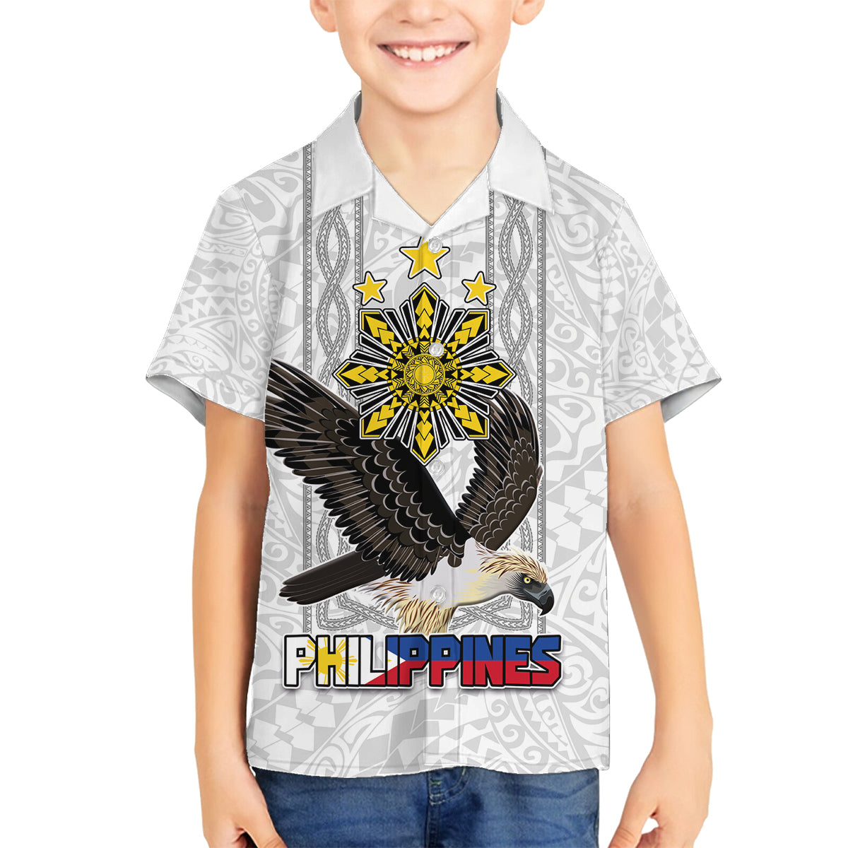 Philippines Eagle Week Family Matching Tank Maxi Dress and Hawaiian Shirt Polynesian Pattern Barong Style LT03 Son's Shirt White - Polynesian Pride
