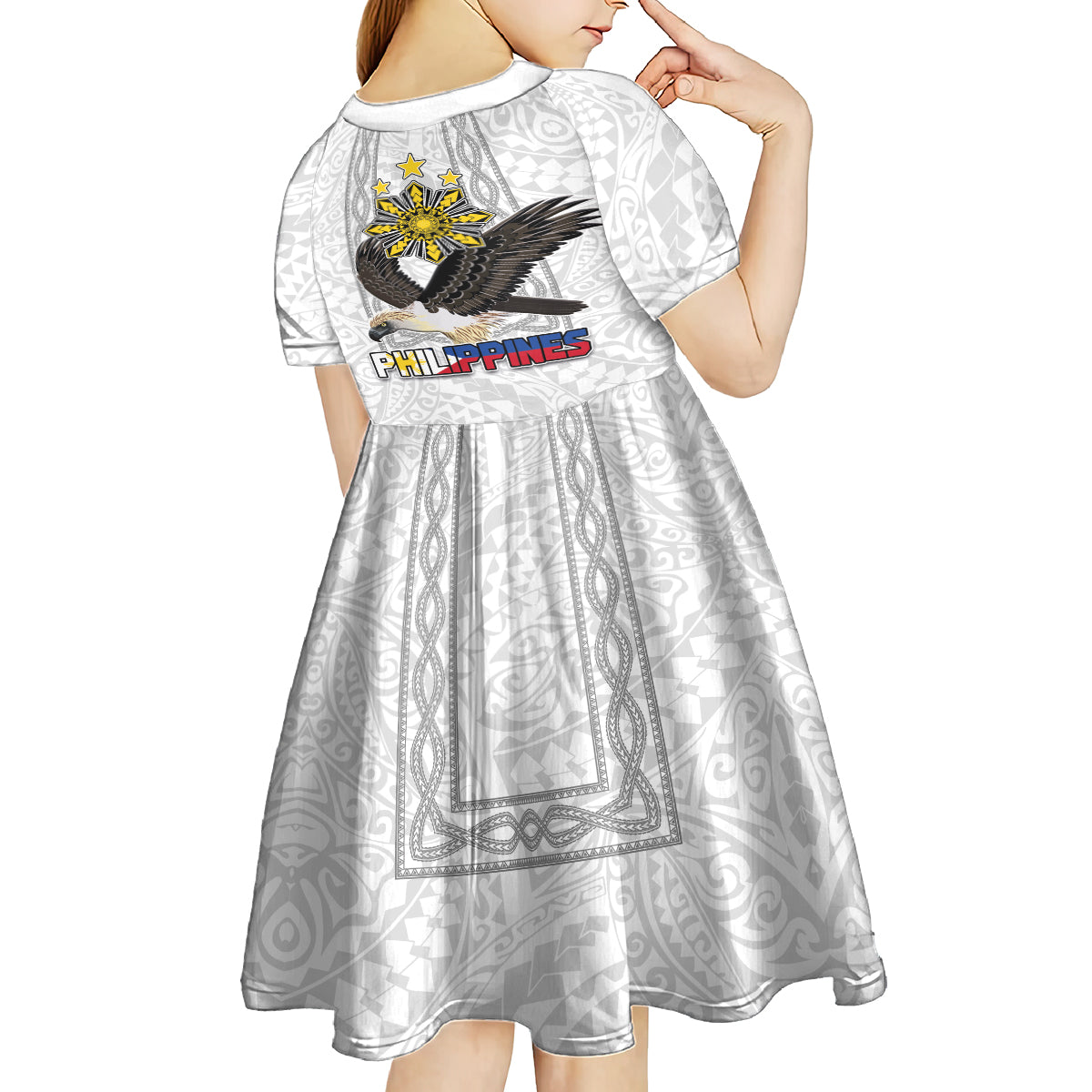 Philippines Eagle Week Kid Short Sleeve Dress Polynesian Pattern Barong Style LT03 - Polynesian Pride
