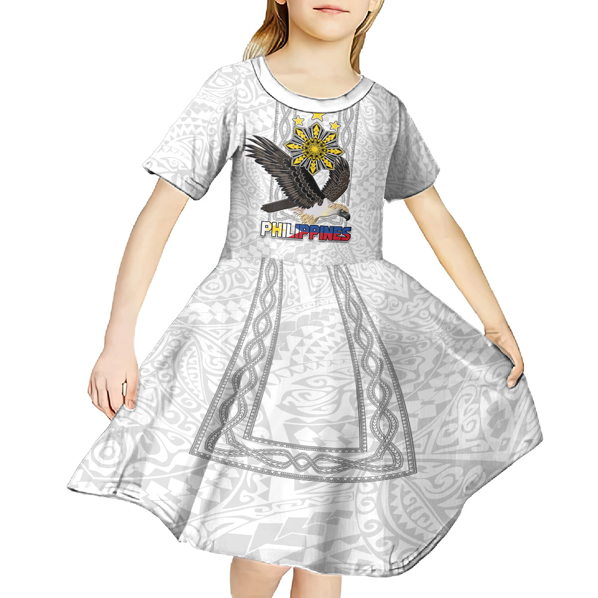 Philippines Eagle Week Kid Short Sleeve Dress Polynesian Pattern Barong Style LT03 - Polynesian Pride