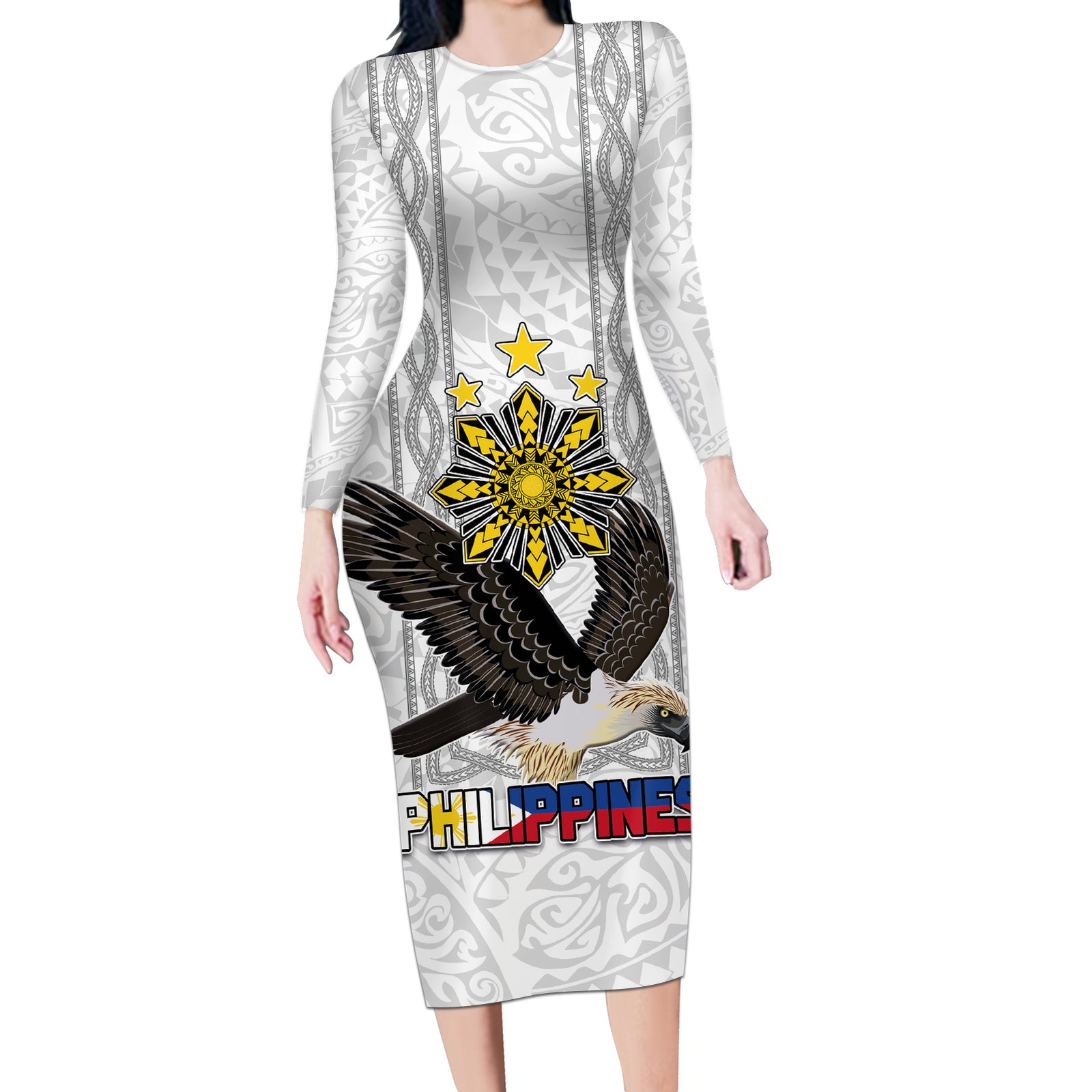 Philippines Eagle Week Long Sleeve Bodycon Dress Polynesian Pattern Barong Style