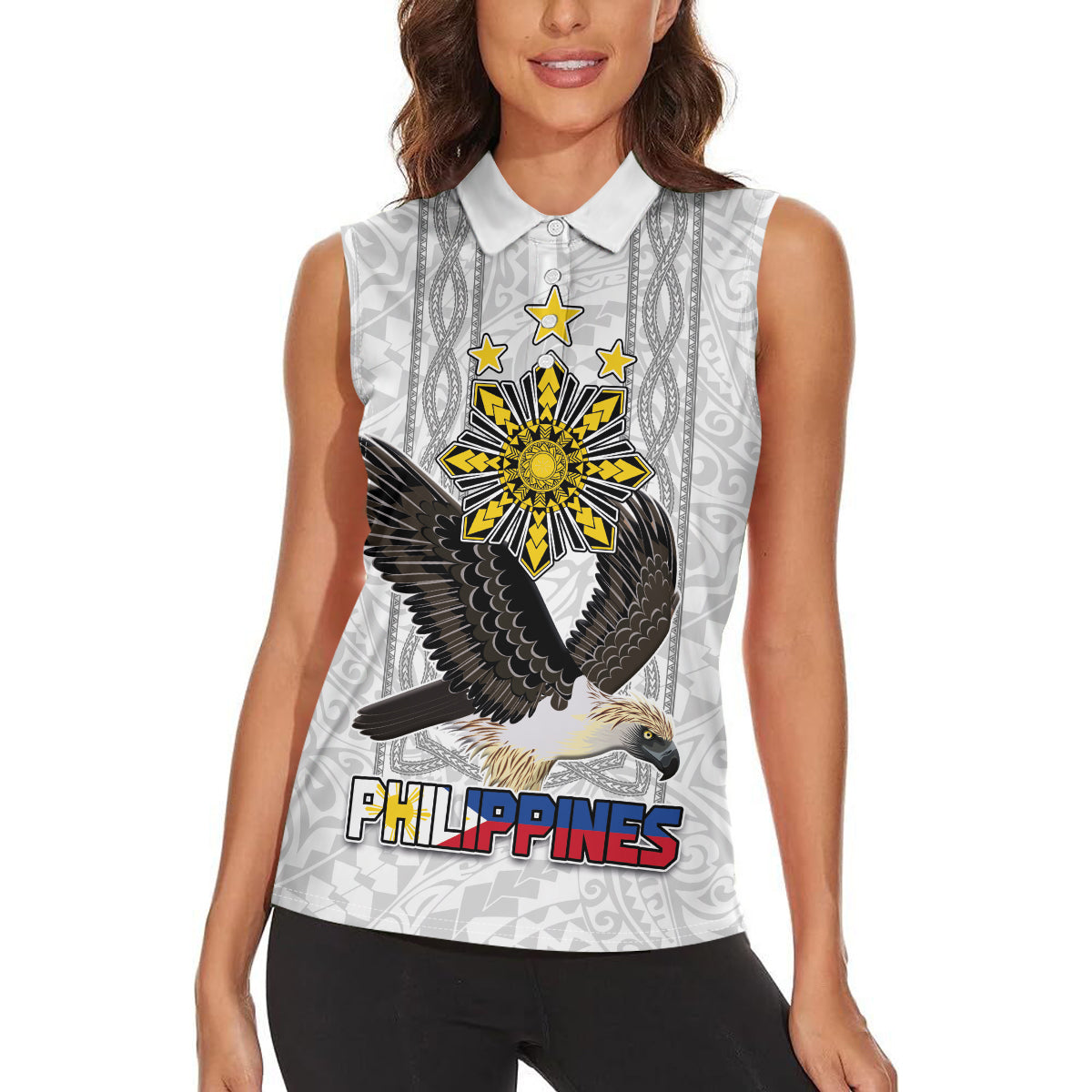 Philippines Eagle Week Women Sleeveless Polo Shirt Polynesian Pattern Barong Style LT03 - Polynesian Pride