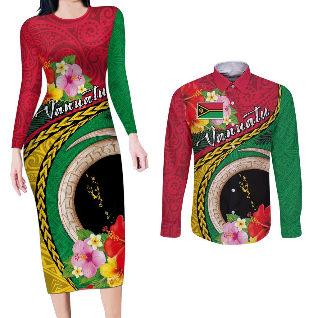 Vanuatu Tribal Boar Tusk Couples Matching Long Sleeve Bodycon Dress and Long Sleeve Button Shirt Tropical Plants with Namele and Melanesian Pattern