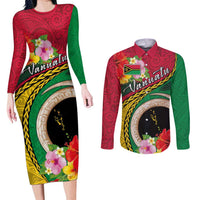 Vanuatu Tribal Boar Tusk Couples Matching Long Sleeve Bodycon Dress and Long Sleeve Button Shirt Tropical Plants with Namele and Melanesian Pattern