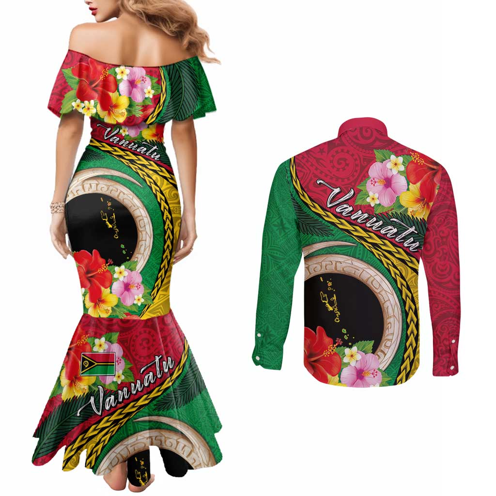 Vanuatu Tribal Boar Tusk Couples Matching Mermaid Dress and Long Sleeve Button Shirt Tropical Plants with Namele and Melanesian Pattern