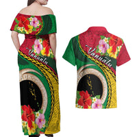 Vanuatu Tribal Boar Tusk Couples Matching Off Shoulder Maxi Dress and Hawaiian Shirt Tropical Plants with Namele and Melanesian Pattern