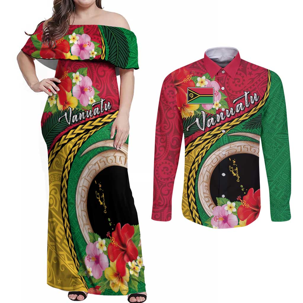 Vanuatu Tribal Boar Tusk Couples Matching Off Shoulder Maxi Dress and Long Sleeve Button Shirt Tropical Plants with Namele and Melanesian Pattern