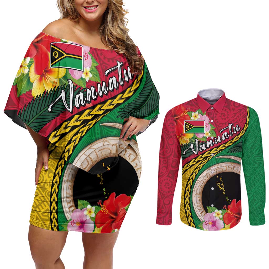 Vanuatu Tribal Boar Tusk Couples Matching Off Shoulder Short Dress and Long Sleeve Button Shirt Tropical Plants with Namele and Melanesian Pattern