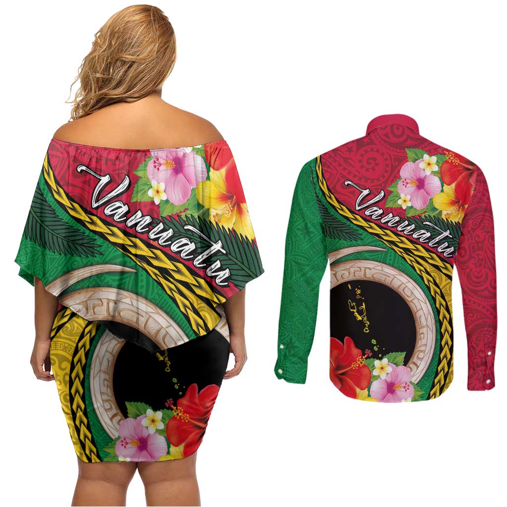 Vanuatu Tribal Boar Tusk Couples Matching Off Shoulder Short Dress and Long Sleeve Button Shirt Tropical Plants with Namele and Melanesian Pattern