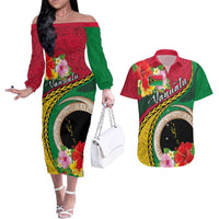 Vanuatu Tribal Boar Tusk Couples Matching Off The Shoulder Long Sleeve Dress and Hawaiian Shirt Tropical Plants with Namele and Melanesian Pattern