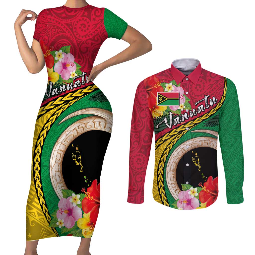 Vanuatu Tribal Boar Tusk Couples Matching Short Sleeve Bodycon Dress and Long Sleeve Button Shirt Tropical Plants with Namele and Melanesian Pattern