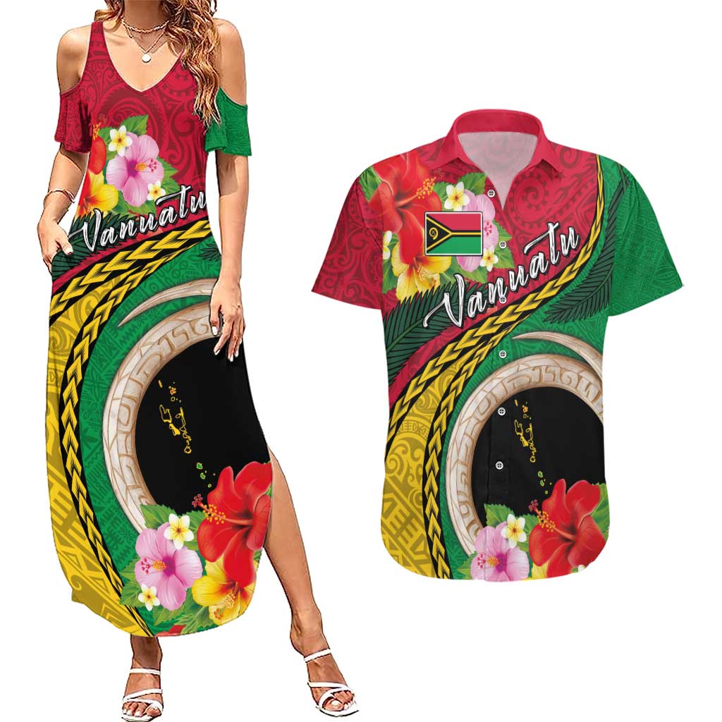 Vanuatu Tribal Boar Tusk Couples Matching Summer Maxi Dress and Hawaiian Shirt Tropical Plants with Namele and Melanesian Pattern